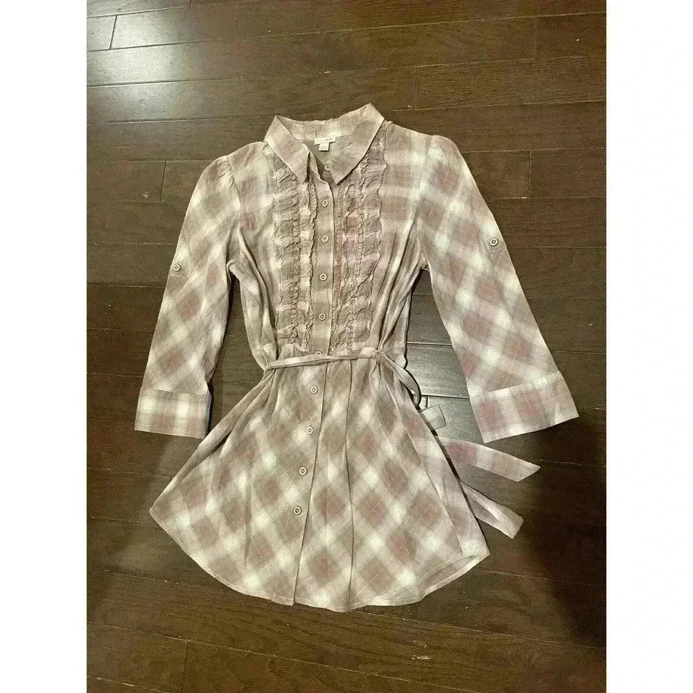 Anthropologie Odille Ruffle Front Button Down Blouse Shirt Size 6 Small Plaid S